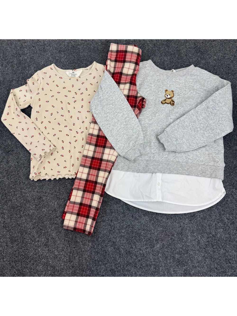 H&M Girls 7–8 3 Piece Outfit Teddy Bear Sweatshirt Cherry Top Plaid Leggings